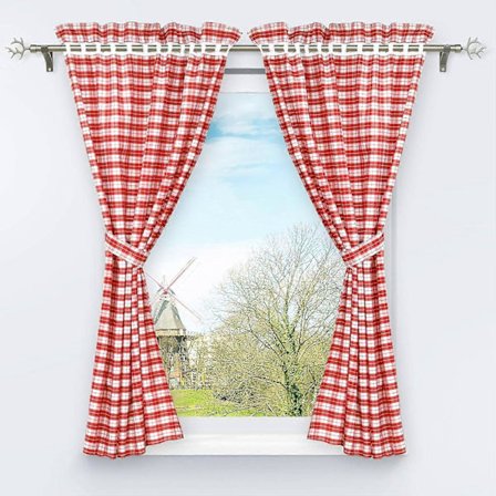 Sett med 2 blendingsgardiner perforert med 2 rutete vindusdekorasjoner for innvendig soverom rød H/B 120/80cm_Billige gaver