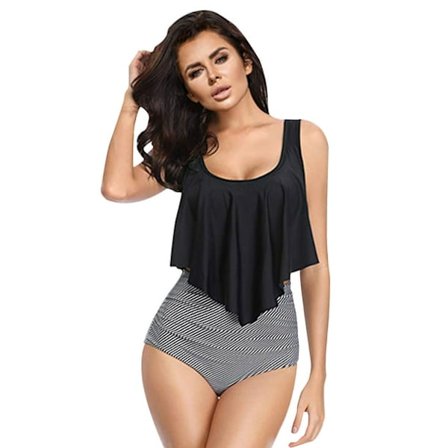 2-delt badedrakt for kvinner, bikinisett med høy midje, polstret, med volanger og stropper, badedraktsett for kvinner