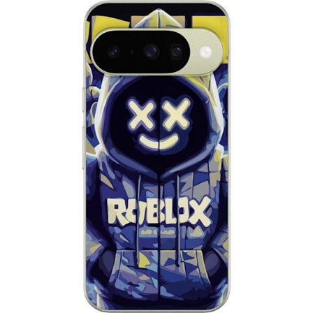 Kompatibelt Mobildeksel til Google Google Pixel 10 Blågul Roblox hettegenserfigur med minimalistisk neonstil og masket ansikt, moderne spillillustras