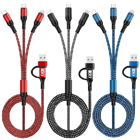 Multiladdningskabel (3-pack, 1,2 m) 6 i 1 USB A/C till USB C/Micro USB/i-P-kontakt Flera laddningskablar för mobiltelefon/IP/Galaxy/PS/iPads och mer