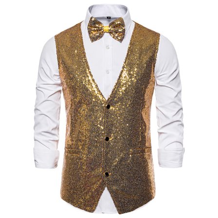 Menn Glitrende Paljettvest V-hals Regular Fit Festantrekk Dress Vest Sløyfe 2 Deler gold
