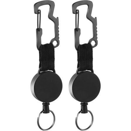 Retraktabel nøkkelring med tungt uttrekkbart bånd, belteklips, merkede rullefester, arbeidskortlomme, forlenger, svart