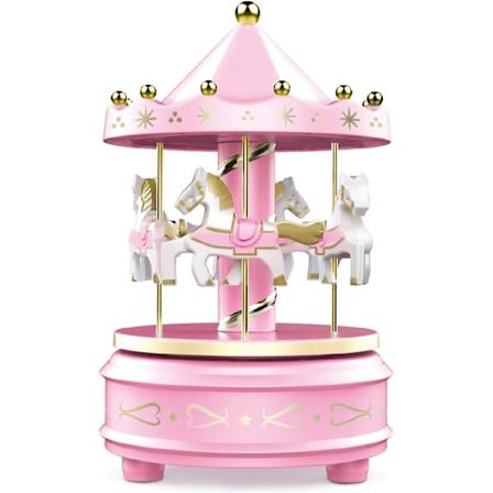 Karusell Musikdosa - Lätt snurrande musikalisk karusell, blå - Klassisk 4 hästdekoration pink