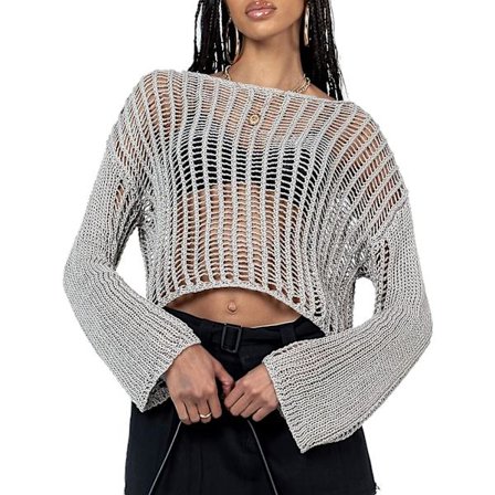 Heklet, hul strikket genser for kvinner, crop tops, langermet genser, cropped