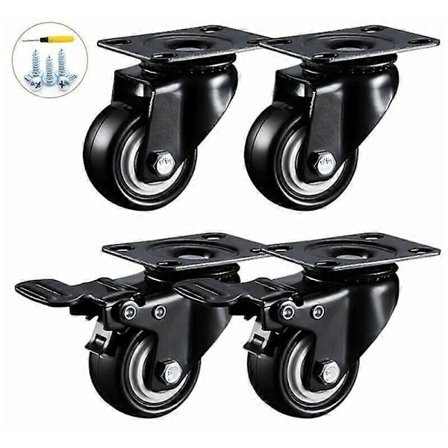Sæt med 4 Sorte Drejelige Hjul 50mm, Hjul med Bremse Industrielle Plader Hjul til Møbler/Transport - Kraftige Hjul (2 Hjul med Br