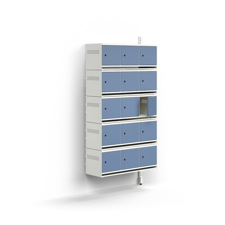 Schuhschrank ENTRY, Anbaumodul, wandhängend, 15 Metalltüren, 1800 x 900 x 300 mm, weiß/blau