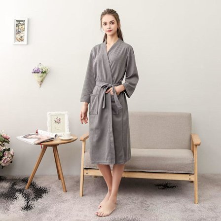 Dame Badekåbe Vandabsorberende Solid Waffle Badekåbe Spa Hjemmekjole Natkjole - Grå