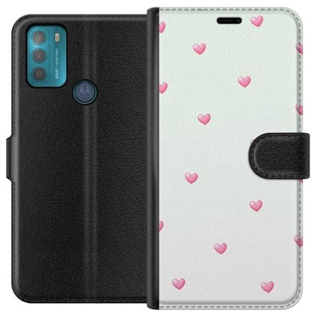 Kompatibel Tegnebogsetui til Motorola Motorola Moto G50 Minimalistisk mønster med lyserøde hjerter på en lysegrå baggrund, sødt og enkelt design