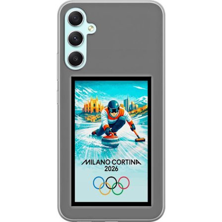 Yhteensopiva Puhelinkuori Samsung Galaxy A34 Jääkiekkoilukuva, jossa pelaajat liikkuvat jäällä, Milano Cortina 2026, Milanin maamerkit ja olympialaist