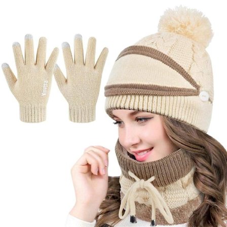 Tjej Vinter Kvinnor Pompom Mössa Hatt Mössa Snood Halsduk Varm Stickad Mössa Cirkel Halsduk Halsvärmare