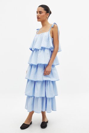Handpicked x NA-KD - Midikjole med volangdetaljer og knyting i skulderen - Sommerkjoler - Blå/Sjekket - EU 40
