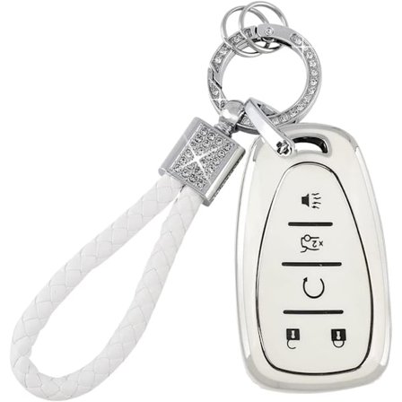 Nyckelringsskydd för Chevy Keychain Bling Vit Silver TPU 5 Knappars Bilnyckelfodral Skal Skydd för Chevrolet Equinox Traverse Blazer Trailblazer