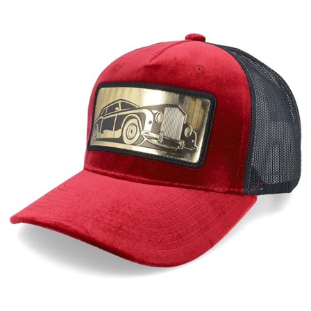 Calza Pennello - Rød trucker Caps - Luxury Car Gold Patch Velvet Red/Black A-frame Trucker @ Hatstore