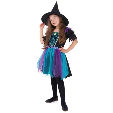 Sagolik Häxdräkt med Glittrande Detaljer - Barnmaskeraddräkt M - Halloween Dekoration - Kalaslagret.se