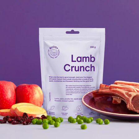 Buddy Crunchy Snack lamb & Cranberries 150g - Matskåler, Hundegobiter & Tyggeben til hund & katt på Doggie.no