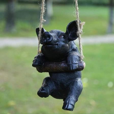 Ulkoilupatsaat - Puutarhafiguuri Swing Pig -riipus Hartsi Eläinpatsas Puutarhatarvikkeet Koristeet Koristelu (Väri: Musta)