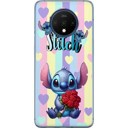 Kompatibelt Mobildeksel til OnePlus 7T Romantisk illustrasjon av Stitch som holder røde roser mot stripet bakgrunn