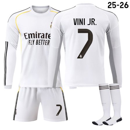 25-26 Real Madrid CF Hjemme Langærmet NO.7 VINI JR. Sæt Børn Voksen Fodboldudstyr med Sokker