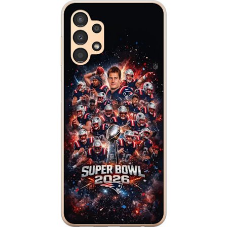 Yhteensopiva Puhelinkuori Samsung Galaxy A13 Super Bowl 2026 juliste, jossa New England Patriots ja NFL-mestaruuspalkinto räjähtävän urheilullisessa s