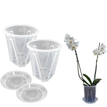Sæt med 2 potter med diameter 14 cm i gennemsigtig plastik til orkideer, stive vaser med drænhuller og underkop, tilbehør til dyrkning af planter og 