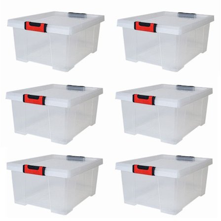 Set med 6 förvaringslådor 30 L Clipstock med lock - Livsmedelsgodkända - Transparenta