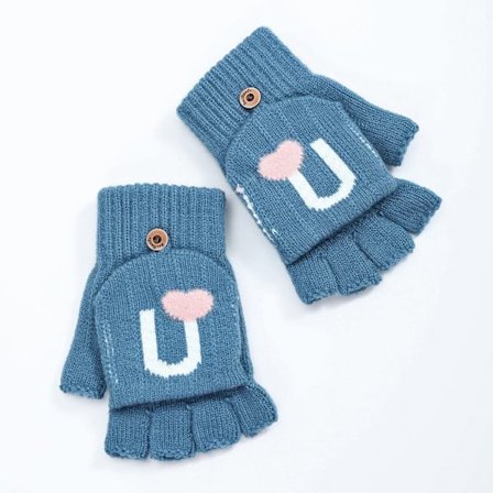 Kärlek Flik Ullhansker for Kvinner, Høst og Vinter Korte Ermer, Fingerløse Varme, Søte, Trendy Strikkede Armvarmere, Blå