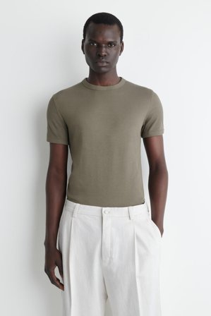 COS Men's Slim Ribbed Cotton T-Shirt in Grey