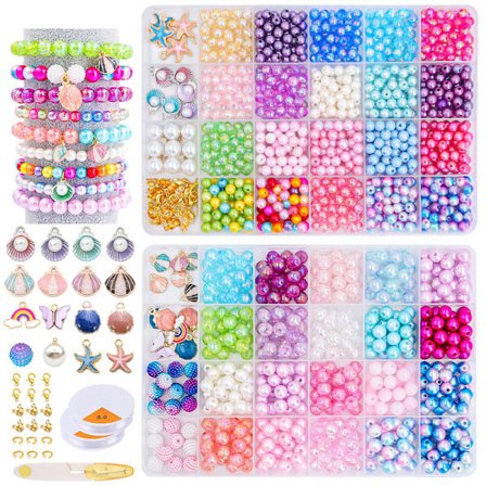 DIY Perlesmykker, Havtema Perlesæt til DIY Smykker, Armbånd og Halskæde Hobby for Børn, Julegave perlesæt med skaller og søstjerner