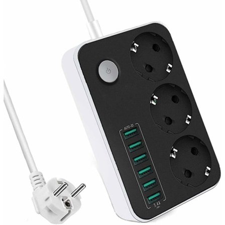 Grenuttag med 6 USB-uttag 3 fack 2500W 17W 5V 3.4A 1.6M kabel, med strömbrytare uttag skyddad mot överbelastning,