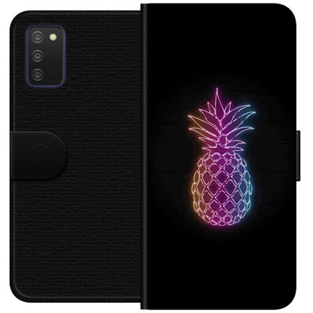 Kompatibelt Plånboksfodral till Samsung Samsung Galaxy A03s Neonillustration av ananas i färgglatt ljus mot svart bakgrund