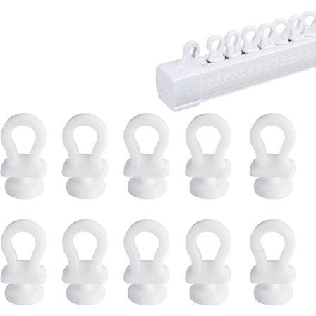 100 kappaleen pakkaus verhokoukkuja kiskoille, 10 mm verholiukureita, valkoiset muoviset verhorullat lahjaksi