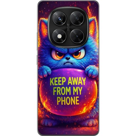 Kompatibelt Mobildeksel til Xiaomi Xiaomi Redmi Note 14 Pro Sinna lodne blå katt med teksten "Hold deg unna telefonen min" i neonfarger og ildlignend