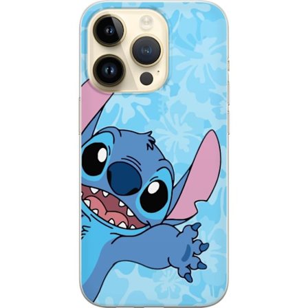 Kompatibelt Mobildeksel til Apple iPhone 15 Pro Leken illustrasjon av Stitch som strekker seg mot kameraet på lyseblå blomstret bakgrunn