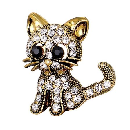 Krystal Kat Nål Broche med Rhinestones Kvinder Piger Kjole Tørklæde Tilbehør (Guld)