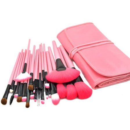 24 st Pro Makeup-borstar Set Syntetisk Trä Läderfodral Rosa