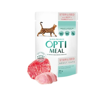 Optimeal - Sterilised Cats With Beef And Turkey Fillet In Jelly 12 x 85 g - Katt - Kattefôr & kattemat - Våtfôr og våtmat - ZOO.no