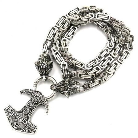 Retro Punk Viking Varg Huvud Bitande Ring Halsband Keltisk Thor's Hammare Mönster Totem Hänge Män's Mode Trend Smycken