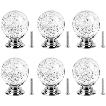 6 stk Krystall Møbelknapper Glass Skuffepull 30mm med Skruer