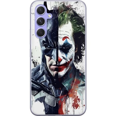 Kompatibelt Mobildeksel til Samsung Samsung Galaxy A54 Delt portrett av Batman og Joker i dramatisk illustrasjon, ikonisk superhelt motiv med mørk ku