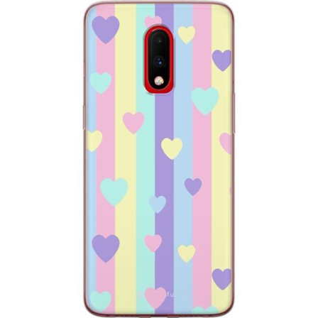 Kompatibelt Mobildeksel til OnePlus 7 Pastellstriper i rosa, gul, lilla og blå med spredte hjerter i myk kawaii-stil.