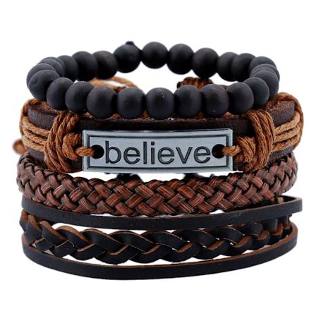 Believe sett med lærarmbånd, vintage design, julegave, feriegave eller bursdagsgave, enkelt flerlags armbåndsett