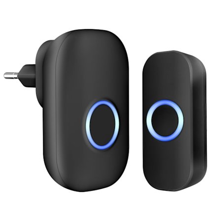 Trådløs udendørs dørklokke, vandtæt, 150 m, IP44, elektronisk, med plug-in modtager, 32 melodier med 4 lydstyrkeniveauer og blå LED.