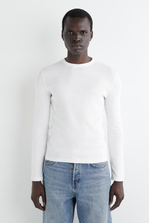 COS Men's Slim Ribbed Cotton Long Sleeve T-Shirt in White