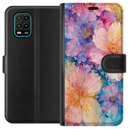 Kompatibelt Lommeboketui til Xiaomi Xiaomi Mi 10 Lite 5G Akvarellmaling med store blomster i rosa, blå og gule toner i en myk kunstnerisk stil.
