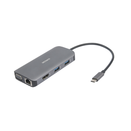 Deltaco USB-C docking station, dual, 1x HDMI/VGA/RJ45/SD, 3x USB-A