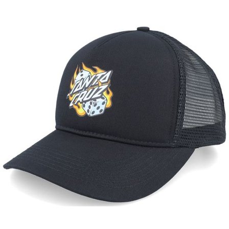 Santa Cruz - Svart trucker Keps - Flaming Dice Dot Meshback Black A-Frame Trucker @ Hatstore