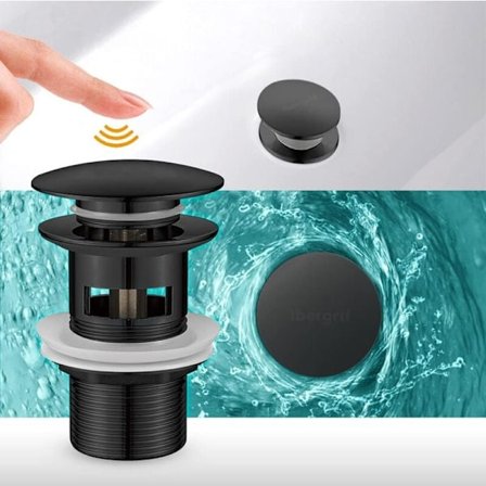 Sort vaskafløb med overløb, pop-up bundventil, kompatibel med standardvaske