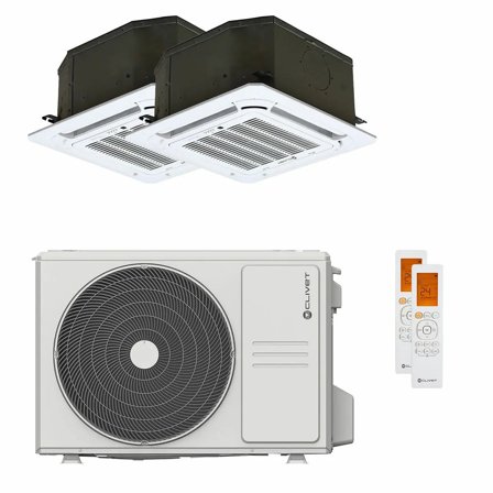 Condizionatore Clivet BOX 2 650x650 cassetta 4 vie dual split 9000+9000 BTU inverter A++ unità esterna 4.1 kW