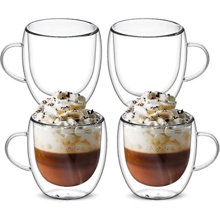 Set med 4 dubbelväggiga glasmuggar, dricksglas kaffemuggar med handtag, isolerade kaffekoppar, klart glas [DB]