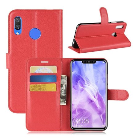 Huawei P Smart Plus mobiletui i kunstlæder med Litchi tekstur og kortlommer - Rød